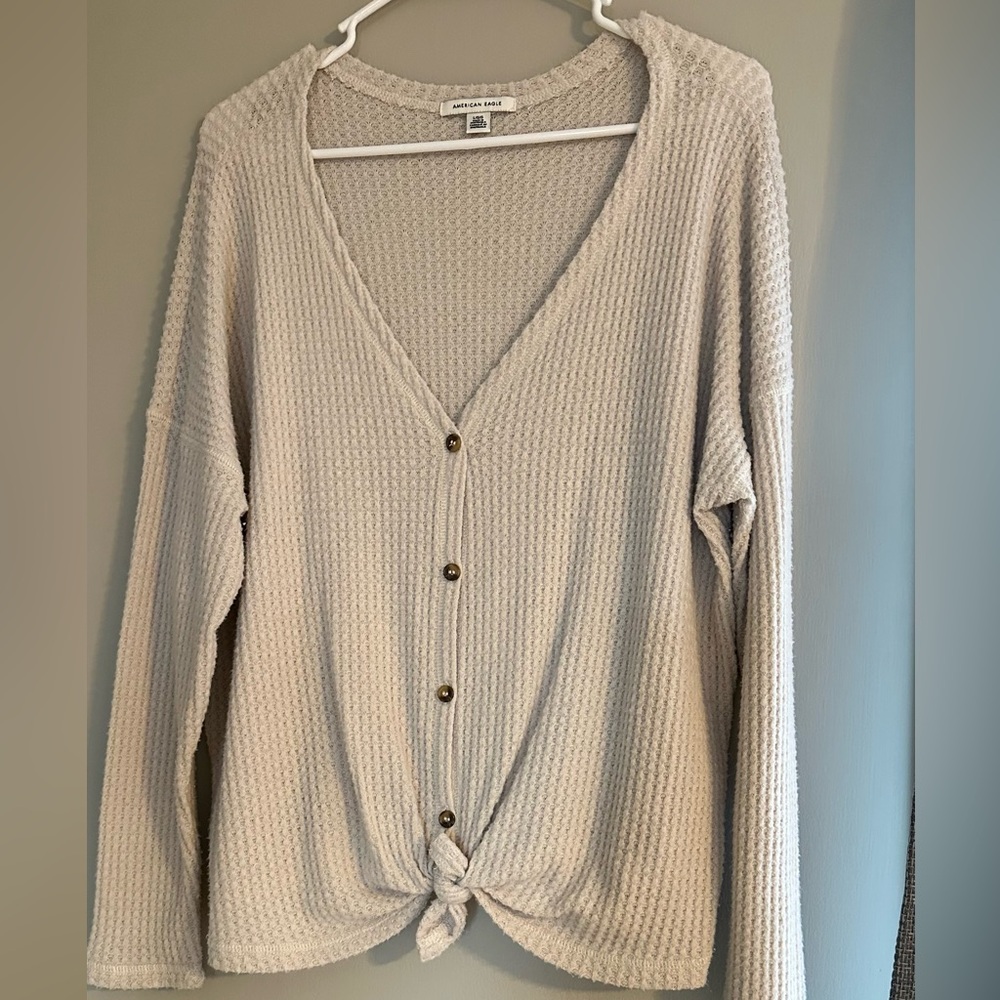 Cream Button-Down Waffle Knit Top